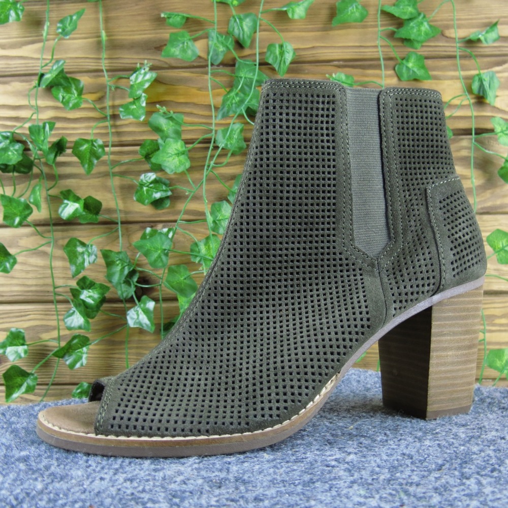 TOMS Olive Green Perforated Suede Open Toe Heeled Ankle Booties Women's 11 Med